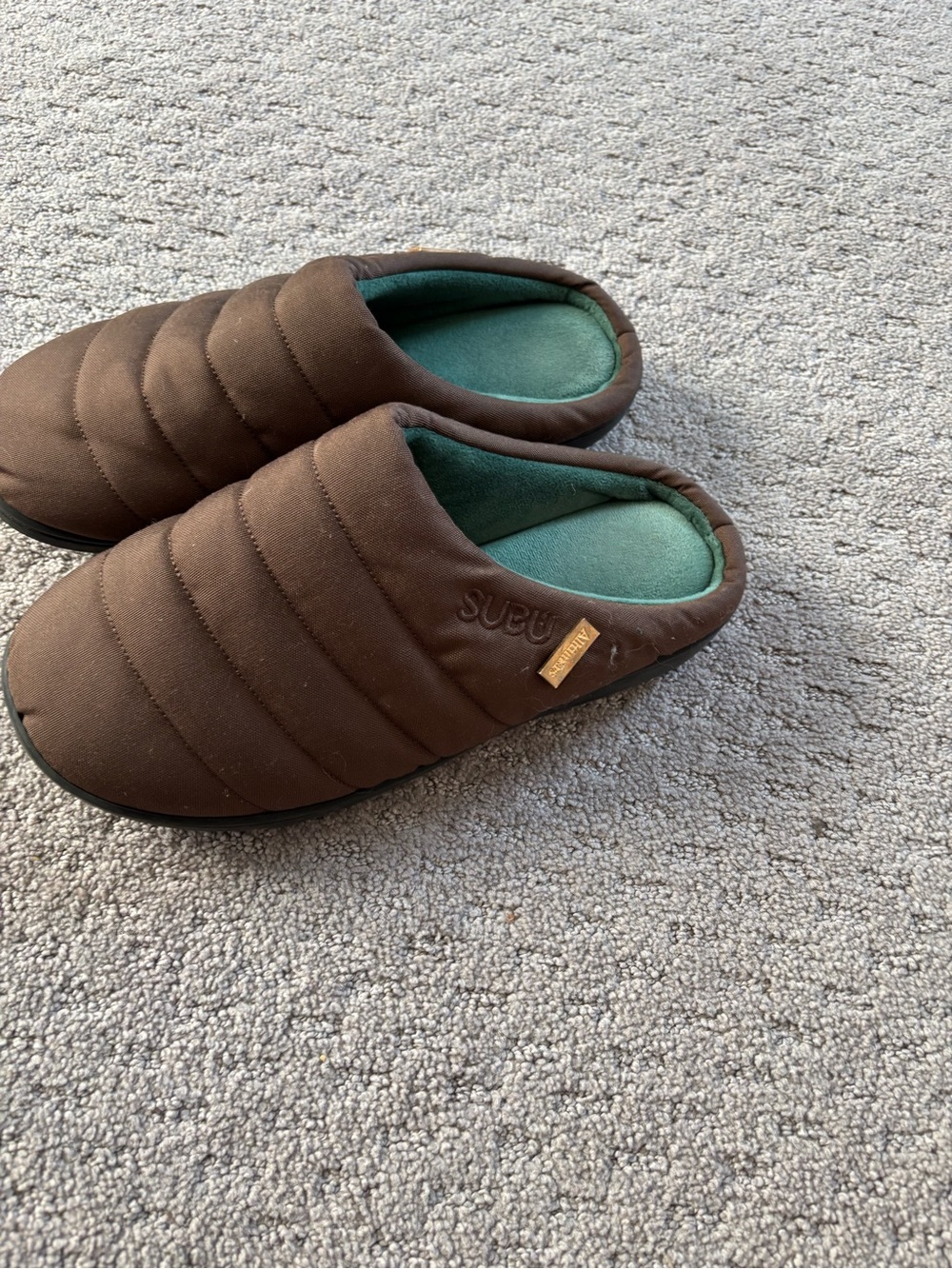 Men's Brown Quilted Slip-On House Shoes with Green Insole